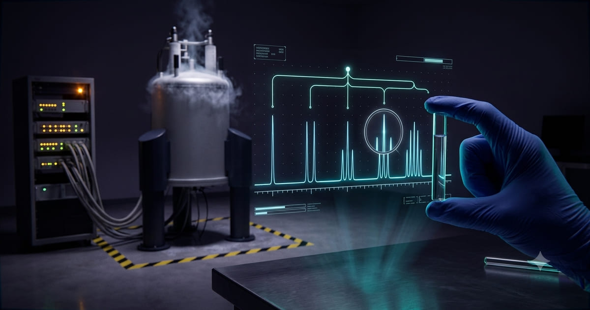 A darkened NMR facility. A superconducting magnet vents cryogenic vapour inside a yellow-and-black floor marking, beside a rack of spectrometer electronics. A proton NMR spectrum is projected into the air above the bench in glowing teal, its peak clusters gathered by brackets into single points, with a magnifier hovering over one cluster. At the right, a gloved hand holds a sample tube.